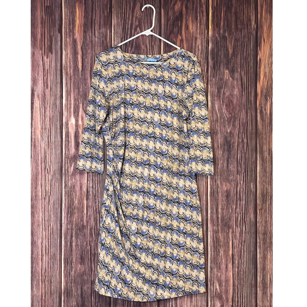J McLaughlin Catalina Cloth Sheath Dress Womens XL Blue Tan Ruched 3/4 Sleeve